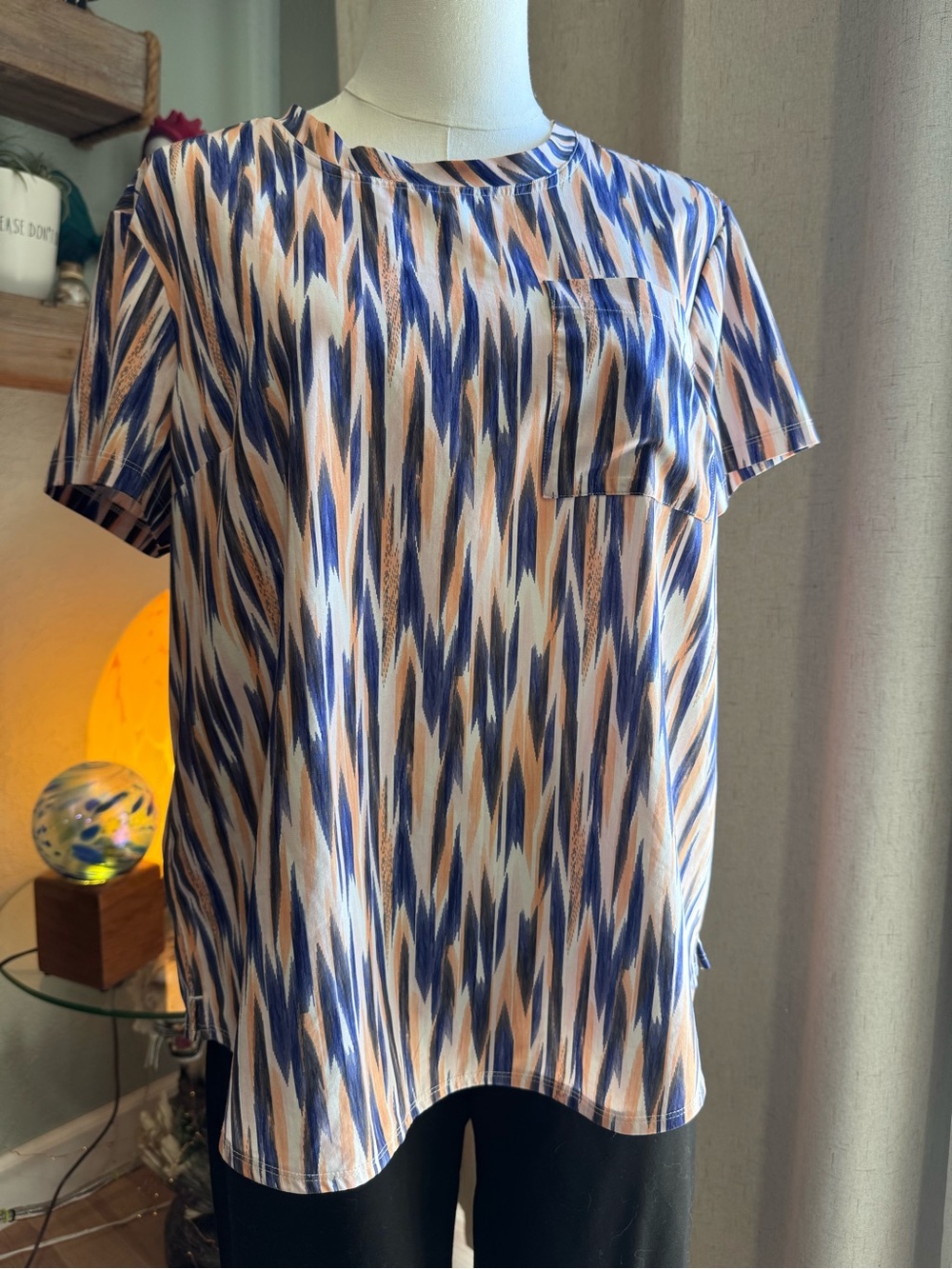 Eddie Bauer Blue and Peach Abstract Stripe Short Sleeve Top